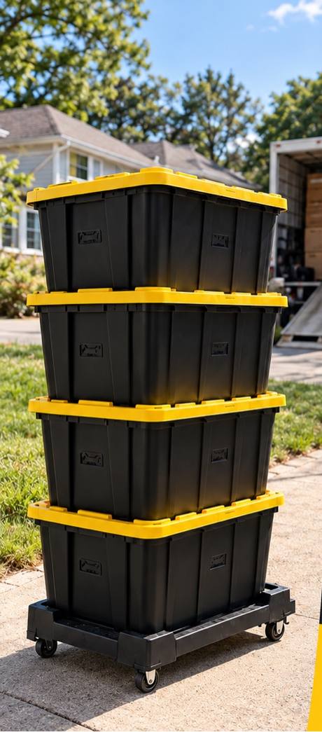 Stack of black and yellow 27-gallon moving bins on a dolly outside a New Jersey home