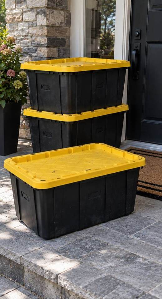Black and yellow moving bins stacked by a front door, delivered and ready to pack